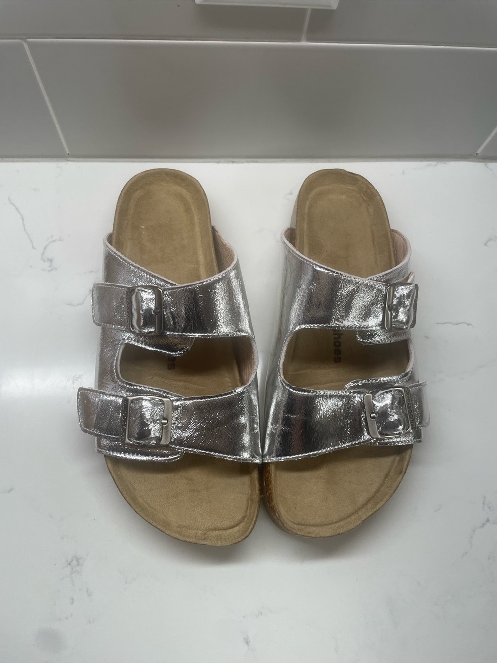 Metallic Silver Double-Buckle Slide Sandals